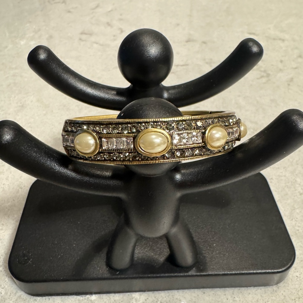 Heidi Daus Faux Pearl Clear Swarovski Crystal Rhinestone Hinged Bangle Bracelet